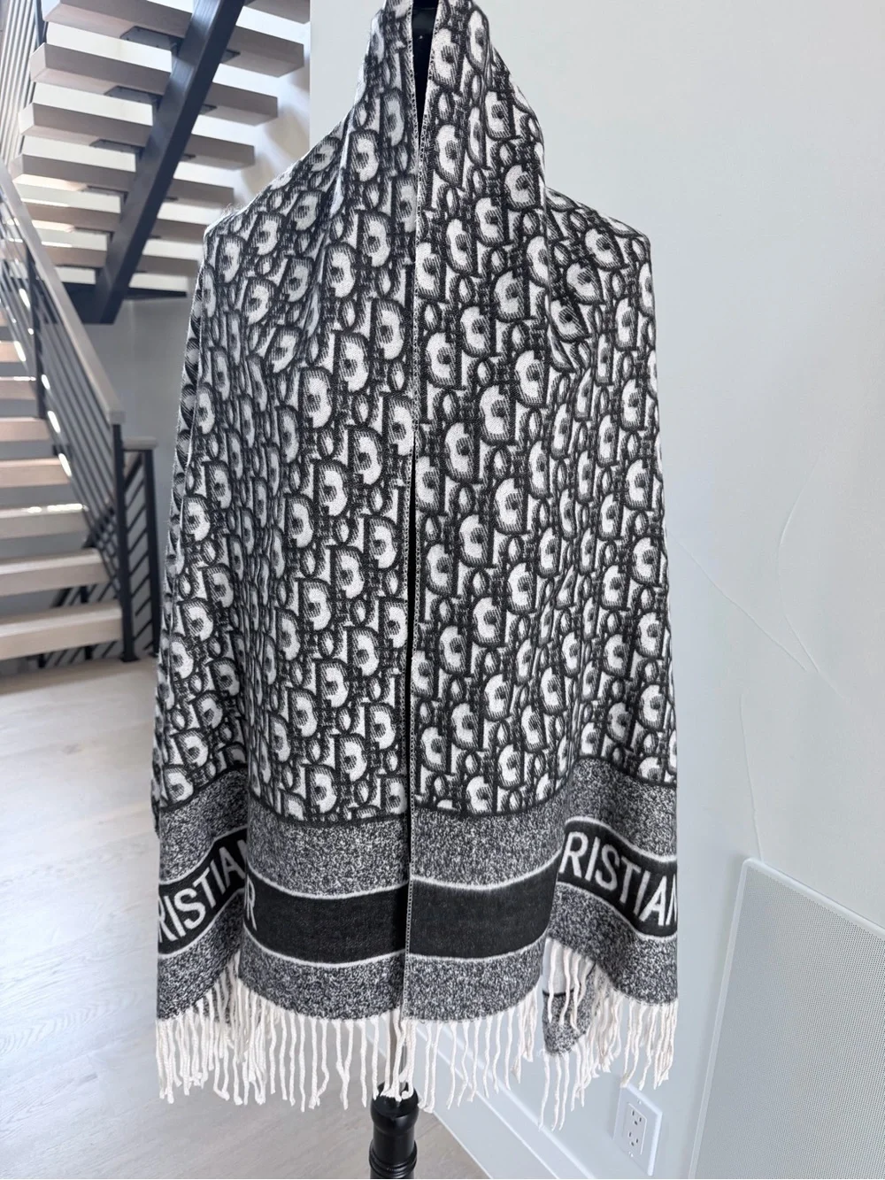 Dior Gray & White Logo Fringe Shawl